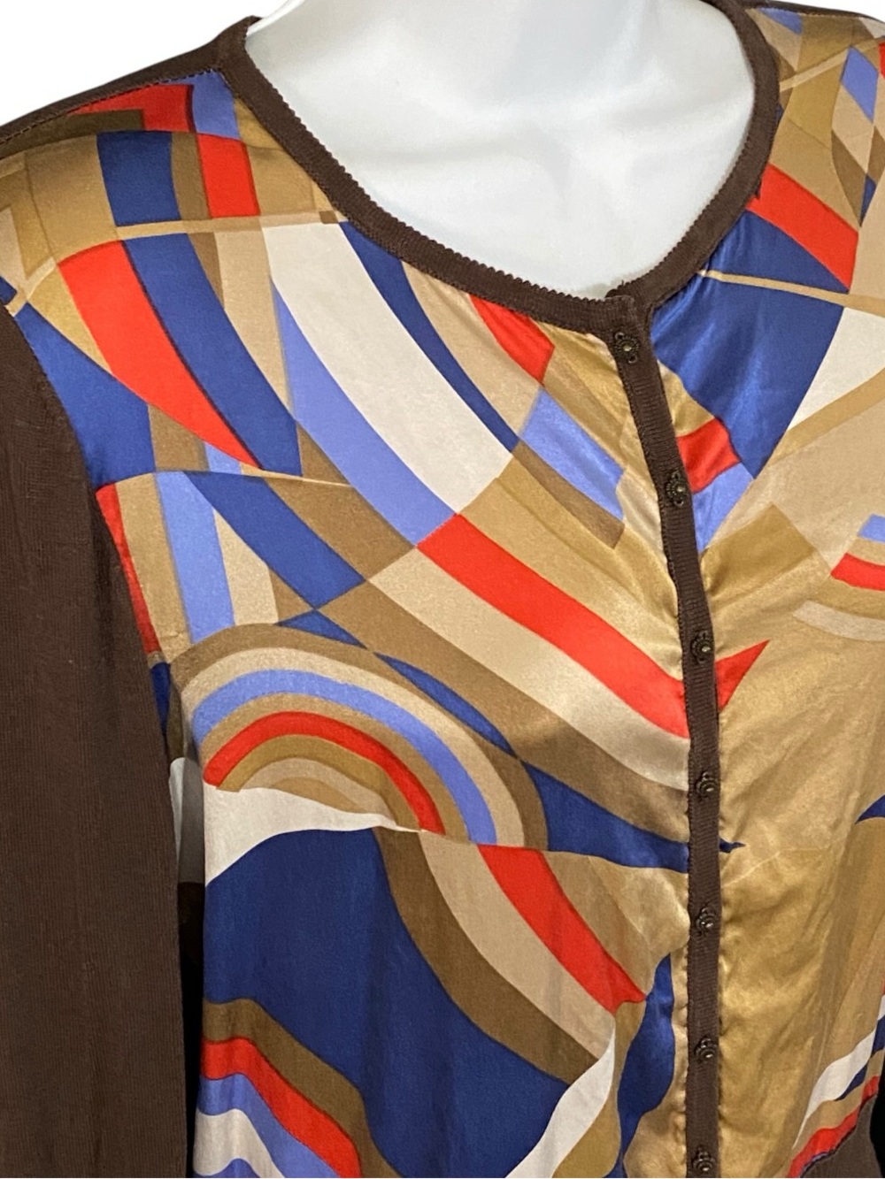 T Tahari Silk Blend Cardigan M Abstract Print Brown Artsy Retro Mod Geometric - Picture 4 of 10